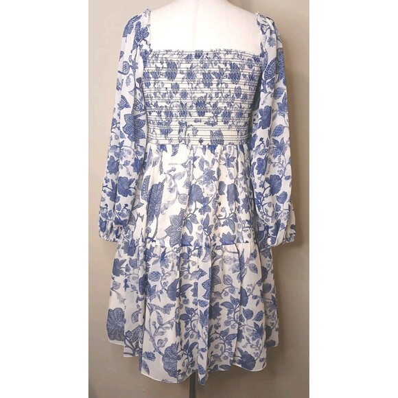 Sachin & Babi Dress Sz Small Blue Floral Shirred Mini w/ Baloon Sleeve Lined NWT - Picture 4 of 16